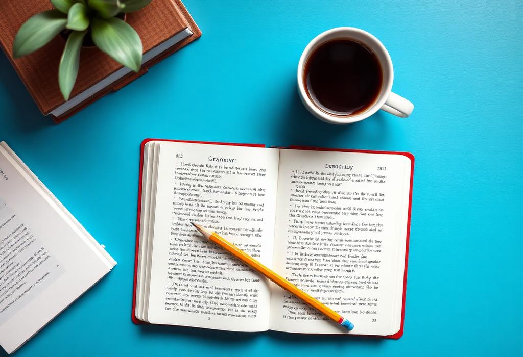 كتاب قواعد إنجليزية مفتوح مع قلم على مكتب دراسة